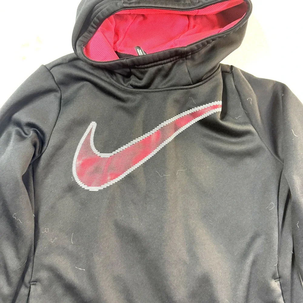 Nike Hoodie Girls L Black Dri-FIT Pullover Neon Pink Mesh Swoosh Sportswear